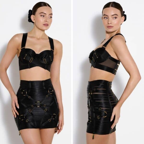 Foto einer Frau von vorne und von der Seite, die einen Bustier-BH und einen schwarzen Bleistiftrock trägt