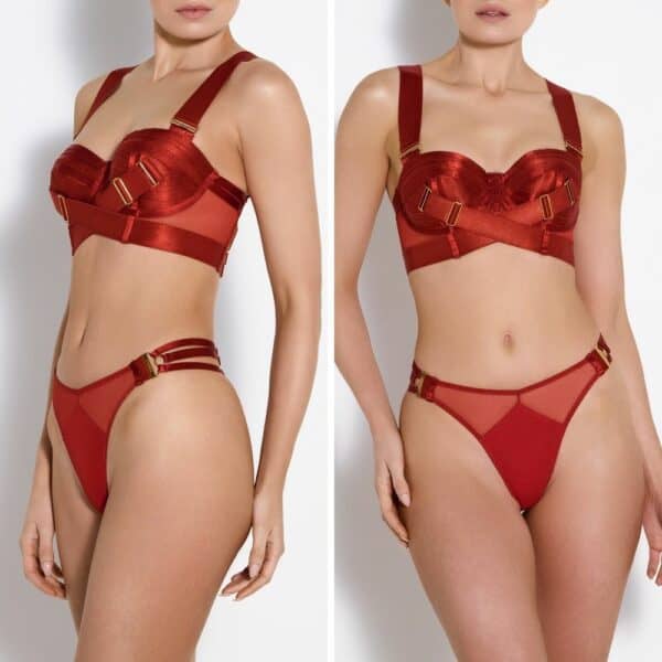 BORDELLE SIGNATURES BURNT RED (3) Photo d'une Femme de 3/4 et de Devant portant un Soutien-Gorge Bustier avec un String Multi-sangles en Résille et Jersey couleur Rouge