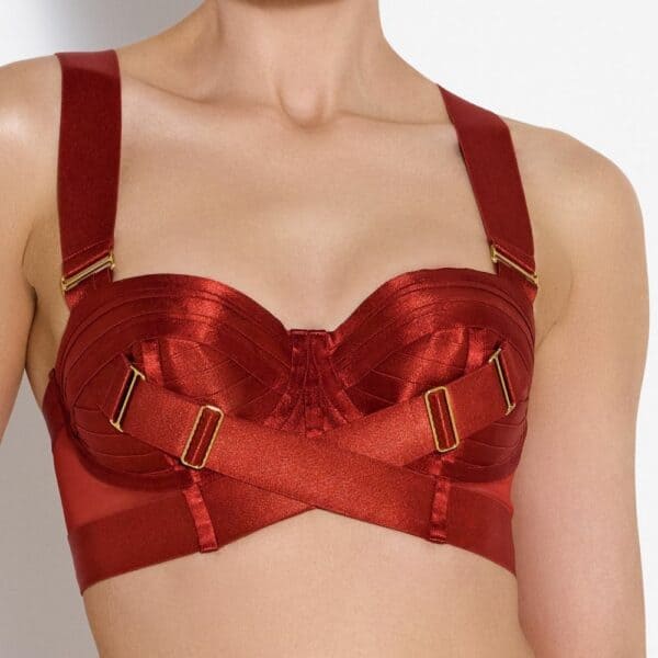 BORDELLE FIRMAS ROJO QUEMADO (49) Detalle de la foto de una mujer de frente con un sujetador tipo bustier y un tanga de rejilla y jersey rojo con tirantes múltiples