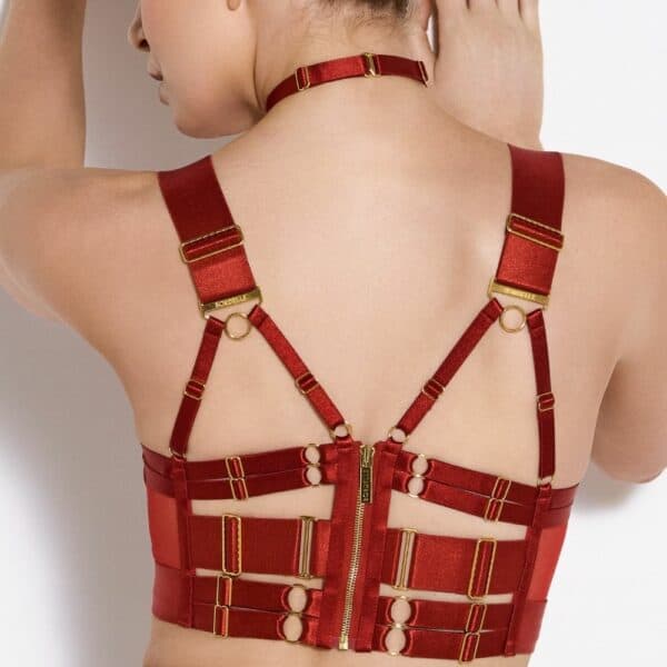BORDELLE FIRMAS ROJO QUEMADO (50) Detalle de la foto de una mujer de frente con un sujetador tipo bustier, un tanga de rejilla y jersey con múltiples tirantes y un collar de color rojo