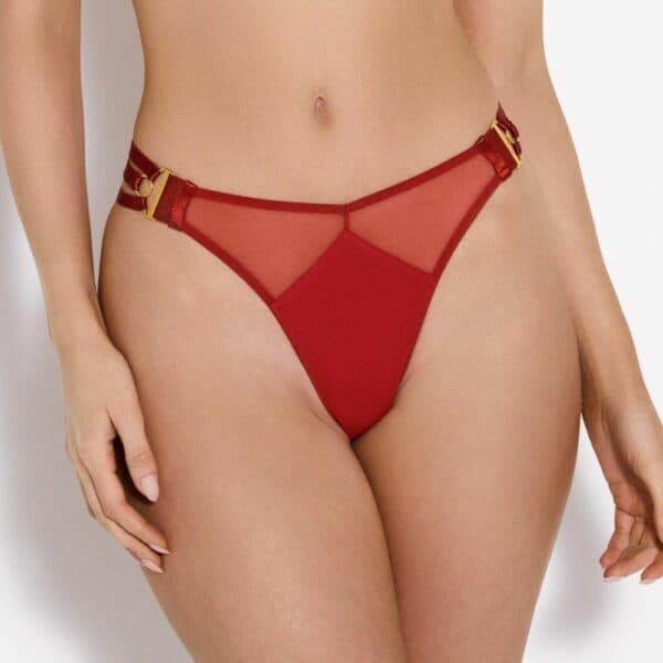BORDELLE SIGNATURES BURNT RED (71) Détail de la Photo d'une Femme de Devant portant un Soutien-Gorge Bustier avec un String Multi-sangles en Résille et Jersey couleur Rouge