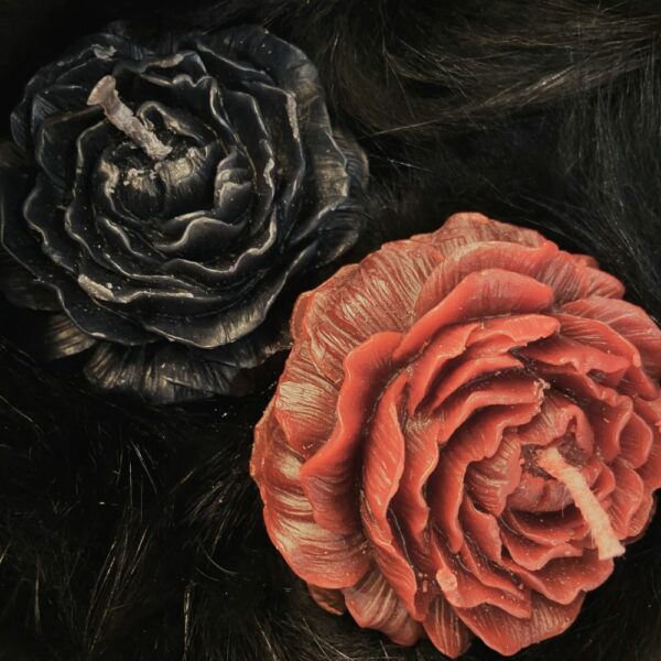 Bougies en forme de rose noir et rouge disposées sur un fond noir