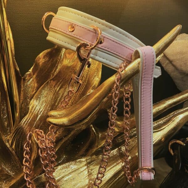 BDSM-Halskette FAIRY aus weißem und pastellrosa Leder mit passender Leine aus Roségold. Bequem, verstellbar und raffiniert. Dieses hochwertige Bondage-Accessoire ist bei Brigade Mondaine erhältlich.
