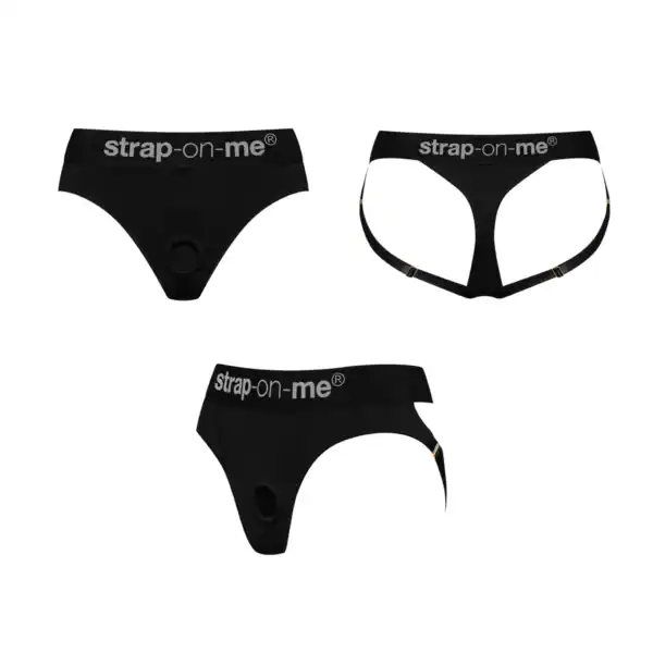 STRAP-ON-ME - Lingerie Harness Heroine Packshot of Front, Back and 3/4 Harness for Strap-On color Black