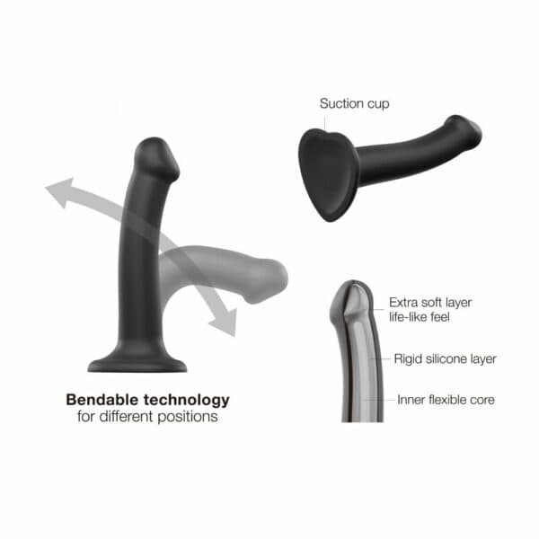 STRAP-ON-ME - Dildo Bendable Double Densité Dildo Noir en couche de silicone très moelleux étanche à mémoire de forme effet seconde peau avec base ventouse résistante