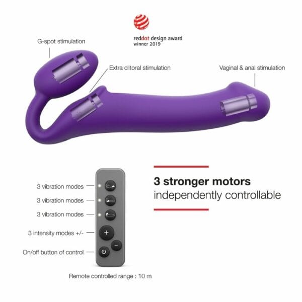 STRAP-ON-ME - Strap-on Vibrant Violet Strap-on vibrant télécommandé avec 3 moteurs indépendants, conçu pour stimuler le point G et le clitoris. Technologie de mémoire de forme pour un ajustement optimal à l'anatomie, avec télécommande intuitive et portée jusqu'à 10 mètres.