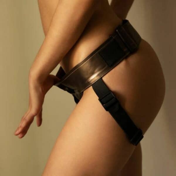 STRAP-ON-ME - Curious Bronze Harness Curious harness in metallic bronze imitation leather, adjustable and ergonomic, with double silicone ring for dildo. Elegant, sensual design for optimum comfort and support.