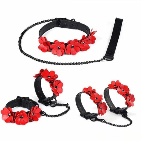 Ошейник Flower Red Collection с кожаным поводком, наручниками и наручниками на лодыжки