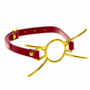 3/4 Open Mouth Gag Packshot in Red Synthetic Leather and Gold Metal