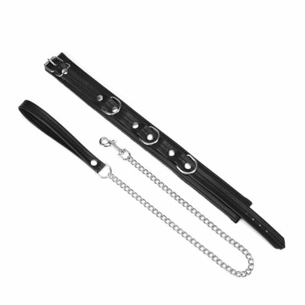 Packshot du Collier en Cuir Noir Mis à Plat avec Anneaux Argentés Mis à Plat et de la Laisse en Cuir Noir et Chaîne Argentée