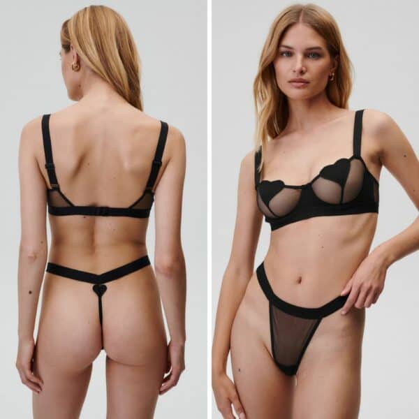 UNDRESS CODE - Бюстгальтер No Ordinary Love - Стринги No Ordinary Love G-string Фотография женщины спереди и сзади в черном бюстгальтере в сеточку и G-стрингах