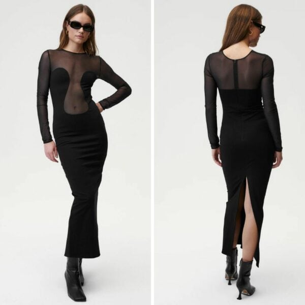 UNDRESS CODE - Sleek Silhouette Dress Photo of a Front and Back Woman Wearing a Black Long Sleeve Dress with Fishnet and Viscose Panels