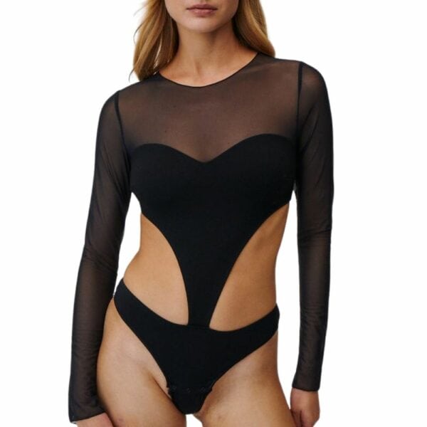 UNDRESS CODE - Body String FIRST LOVE Photo d'une Femme de Devant portant un Body à Empiècements en Résille et Viscose à Manches Longues Ouvert sur le Côté et le Dos couleur Noir