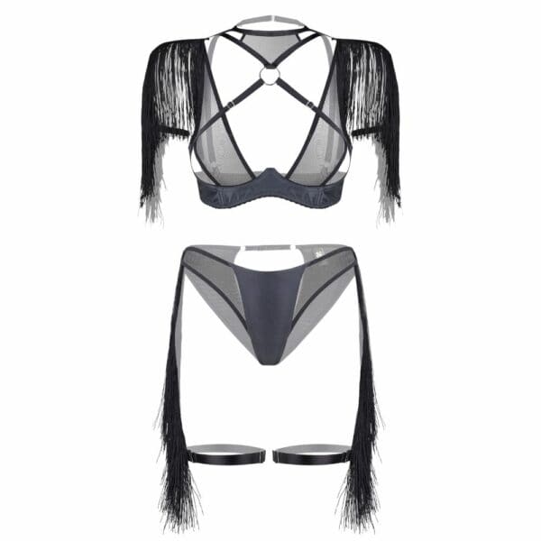 Packshot du Devant d'un Set de Lingerie avec Franges Couleur Noir