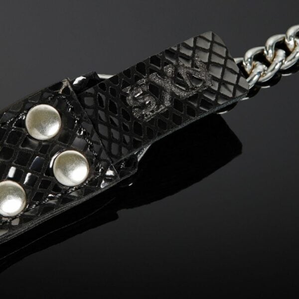 Packshot Close Up Leather Lead Serpens Cow Embossed Black Serpens with Crystals and Metal Chain