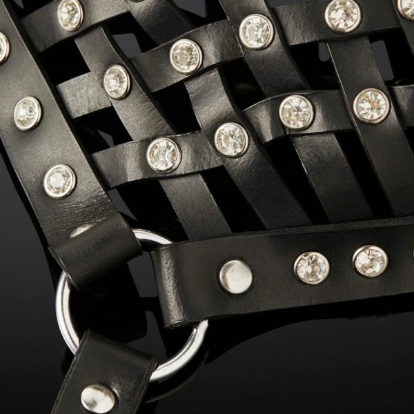 Packshot Bondage Mask in Black Cowhide and Crystals