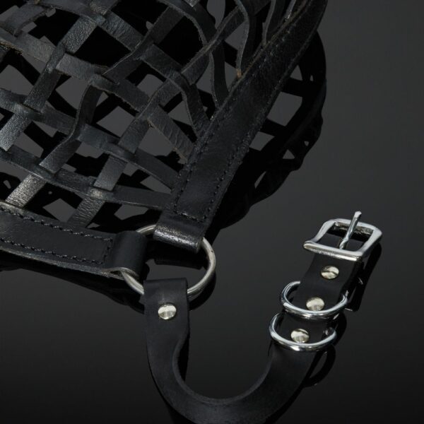 Detail on the Front Packshot Strap of a Black Leather and Leather Rose Straps Mask