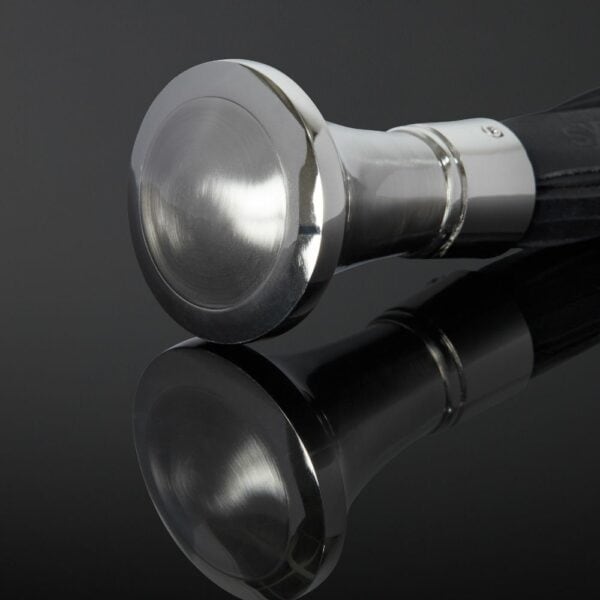 Detail on the Packshot Handle of a Swift with Black Leather Straps and Silver Metal Handle