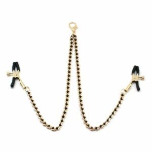 Chain with gold nipple clamps and black beads, perfect for BDSM. Adjustable clamps with rubber tips. Quick-release clip compatible with various necklaces. Made in China.