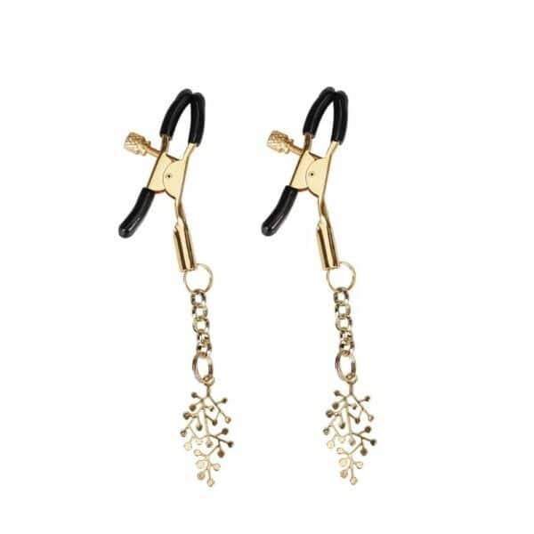 LIEBE SEELE gold nipple clamps with small thorn leaves, adjustable for personalized comfort. Rubber tips for a pleasurable experience. Sold in pairs, ideal for BDSM play.
