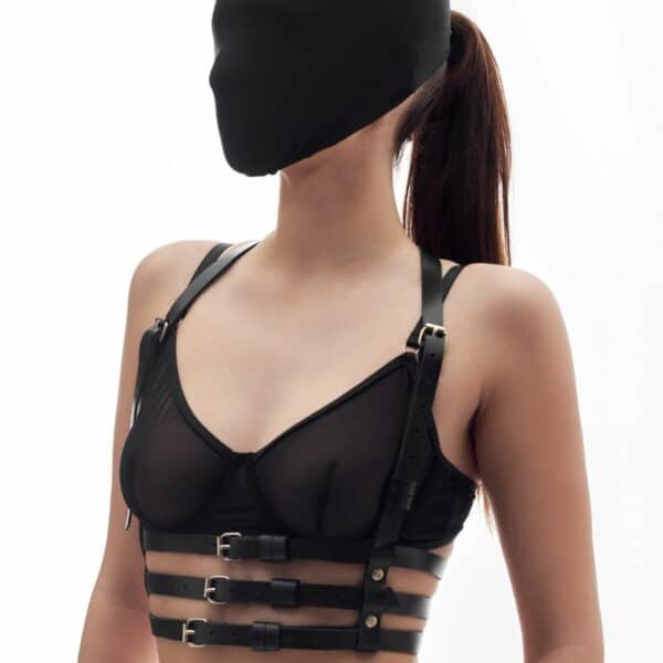 Photo of a Front Woman wearing a Mask and a Fishnet Bra with a Black Leather Harness