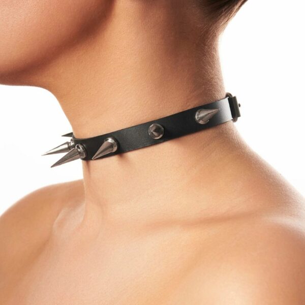 Side Woman Wearing a Black Leather Choker with Silver Spike Rivets