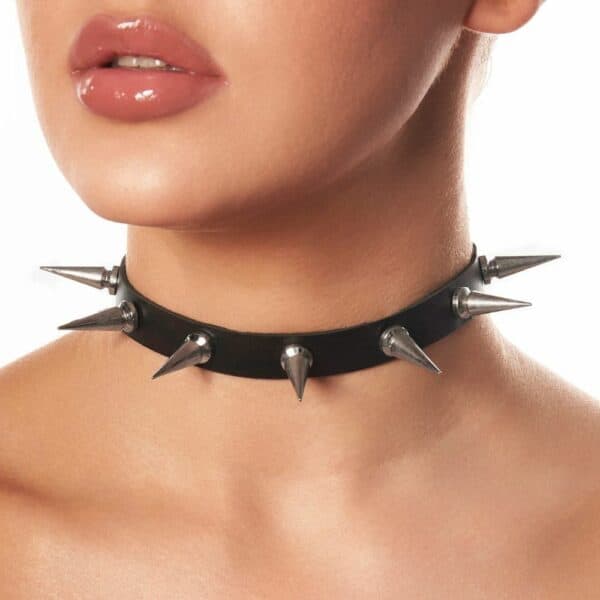 Front Woman Wearing a Black Leather Choker with Silver Spike Rivets