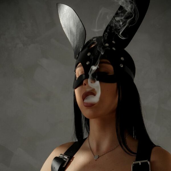 Foto einer Frau von vorne, die einen weichen BH, eine Kaninchenmaske und ein schwarzes Ledergeschirr trägt.