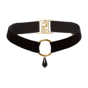 Produktfoto der Vorderseite eines schwarzen Chokers mit goldenem Ring und schwarzem Kristall