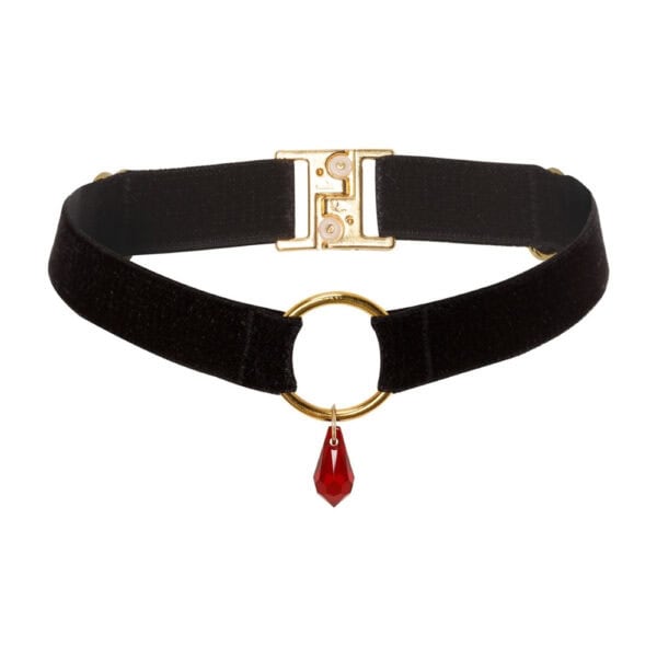 Packshot von der Vorderseite eines schwarzen Chokers mit goldenem Ring und rotem Kristall