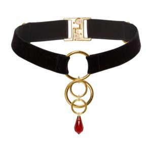 Front Packshot of a Black Choker with Gold Rings and Red Crystal