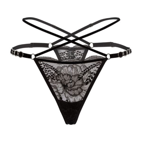 Packshot Thong Lace and Velvet Crisscross Harness Black