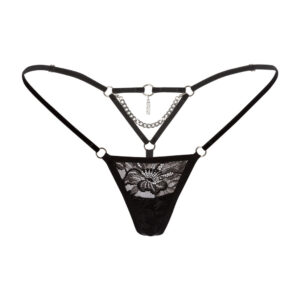 Packshot Schwarzer Spitzen- und Velourstring mit Ketten und silbernen Charms im Detail