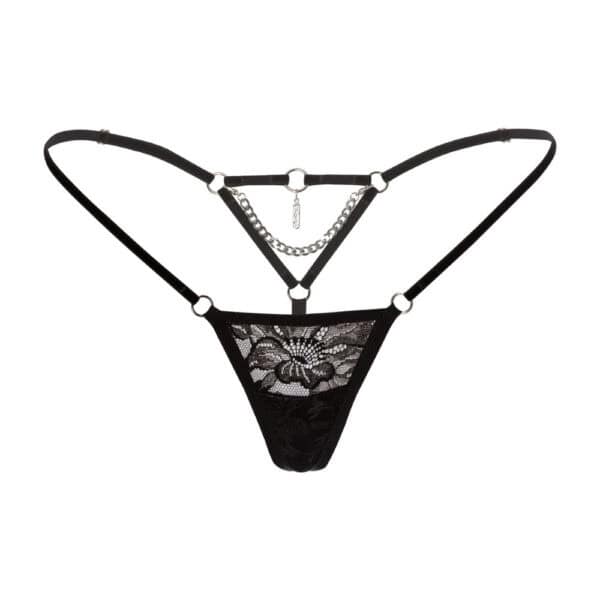 Packshot String Dentelle et Velour Noir avec Détailm Chaînes et Charms Argenté