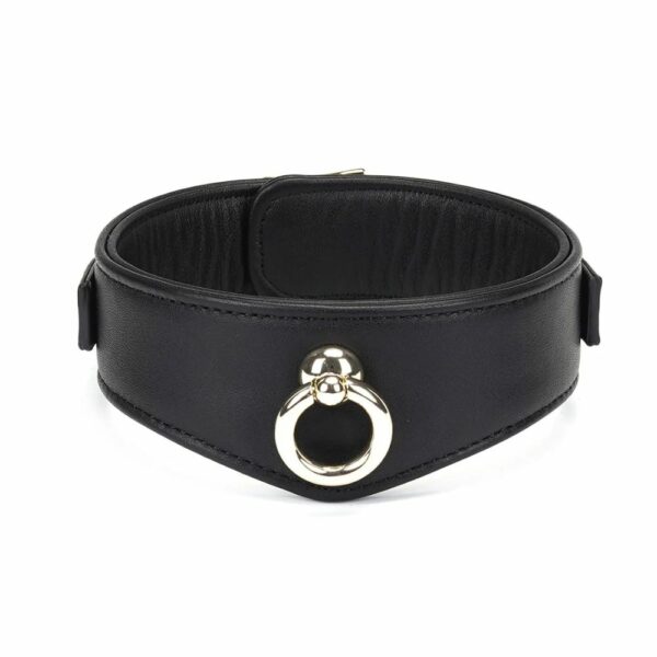 Dark Secret slave collar in black leather with gold chain leash. Adjustable with metal buckles and compatible with various BDSM accessories. Designed for sophisticated domination games.