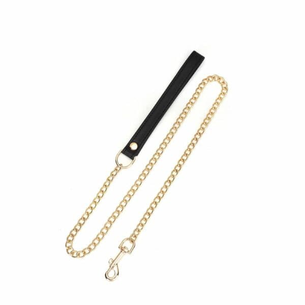 Dark Secret slave collar in black leather with gold chain leash. Adjustable with metal buckles and compatible with various BDSM accessories. Designed for sophisticated domination games.