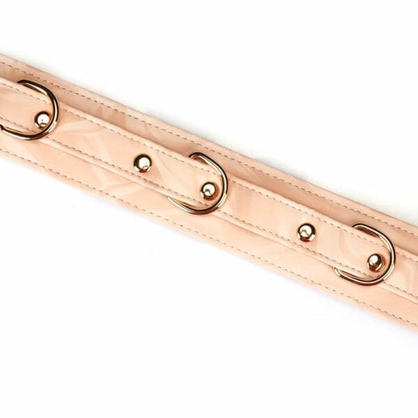 Bondage-Halsband Pink Boudoir Amor aus veganem Kunstleder in rosa und schwarz. Vergoldete Beschläge, drei D-Ringe zur Befestigung. Mit goldfarbener Kettenleine, elegant und verstellbar für eine raffinierte Dominanz.