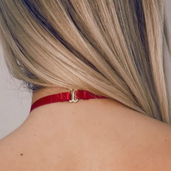 Neck Detail of a Woman Wearing a Red Harness with Gold Chain
