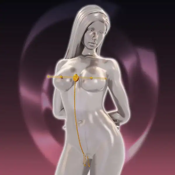 Pinces à tétons UPKO avec barre métallique vibrante et chaîne clitoridienne – accessoire fétiche de luxe pour triple stimulation.