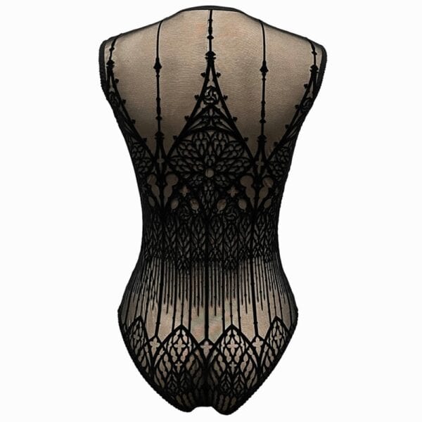 VIDE NOIR - Black Tattoo Effect Cathedral Bodysuit Back Packshot of a Black Mesh Body with Cathedral Motifs