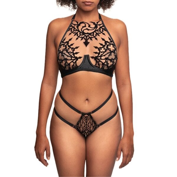 VIDE NOIR - Soutien-Gorge Unholy Noir et String Cathédrale Noir Femme de Devant portant un Soutien-Gorge et un String en Maille Noir avec Motifs Cathédrale