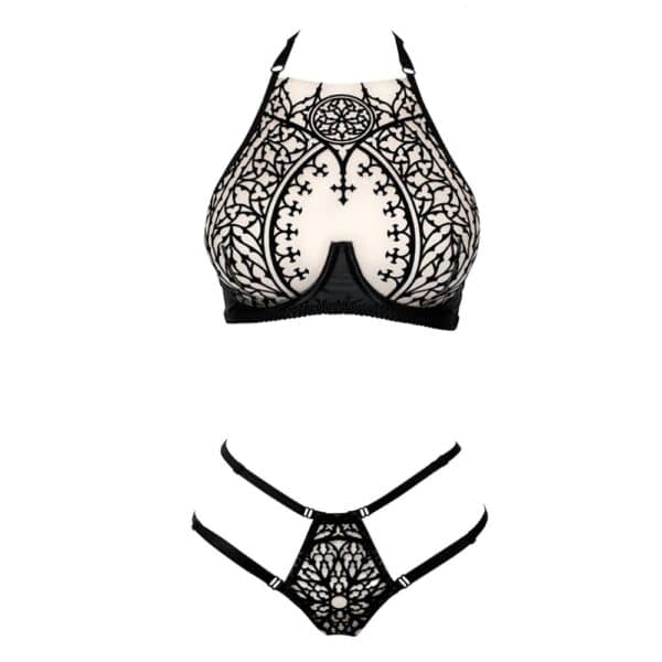 VIDE NOIR - Soutien-Gorge Unholy Noir et String Cathédrale Noir Packshot du Devant d'un Soutien-Gorge et un String en Maille Noir avec Motifs Cathédrale