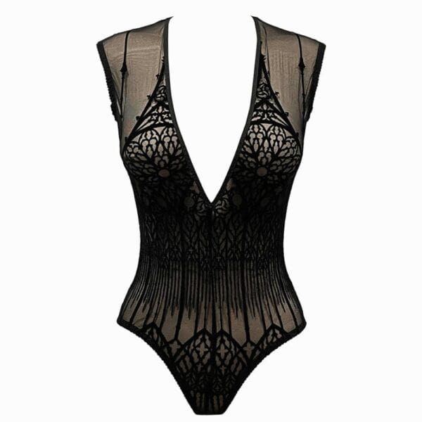 VIDE NOIR - Black Tattoo Effect Cathedral Bodysuit Front Packshot of a Black Mesh Body with Cathedral Motifs
