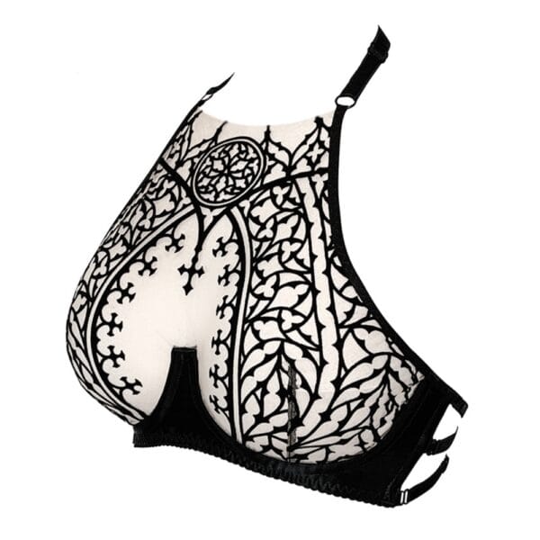 VIDE NOIR - Unholy BH Schwarz Packshot von 3/4 eines BHs aus Maschenware Schwarz mit Kathedralenmotiven