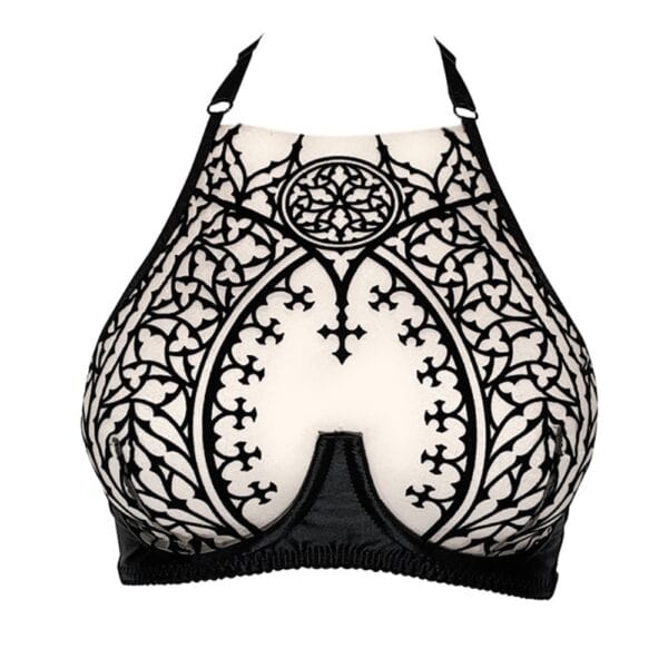 VIDE NOIR - Unholy BH Schwarz Packshot der Vorderseite eines BHs aus Maschenware Schwarz mit Kathedralenmotiven