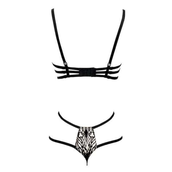 VIDE NOIR - Soutien-Gorge Unholy Noir - String Cathédrale Noir Packshot du Dos d'un Soutien-Gorge et un String en Maille Noir avec Motifs Cathédrale