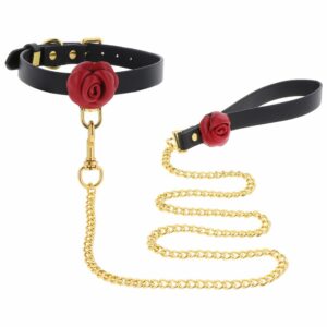 Black Leather Collar and Leash Made of soft black imitation leather and embellished with a red genuine leather rose and soft black imitation leather leash with red rose details and nickel-free gold-plated metal chain.