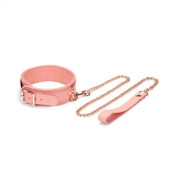 Packshot Collier En Cuir Rose et Laisse en Cuir Rose Chaîne Rose Gold