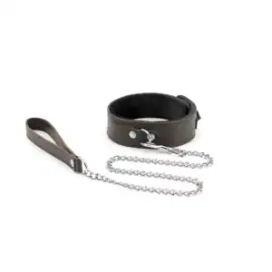 Packshot Black Lambskin Collar and Lead with Silver Chain
