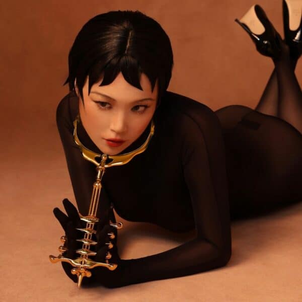 UPKO - Set BDSM Collier et pinces à doigts Or Femme Allongée portant un Set Collier et Pinces à Doigts Or